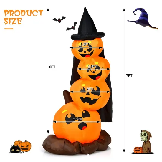 7 Feet Halloween Inflatable Pumpkin Combo with Witch's Hat and LED Lights {4}