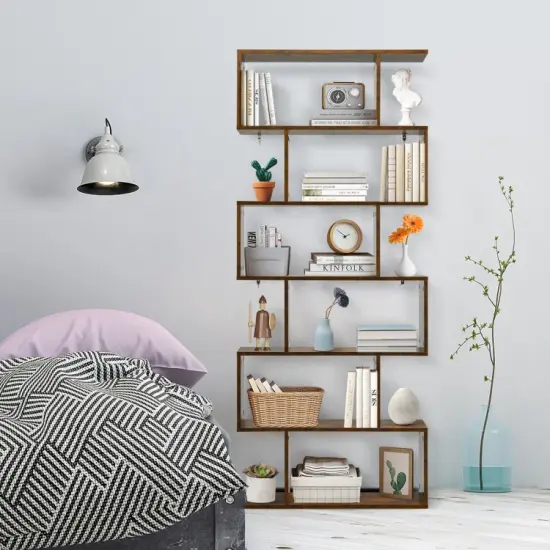 6 Tier S-Shaped Bookshelf Storage Display Bookcase Decor Z-Shelf Coffee {5}
