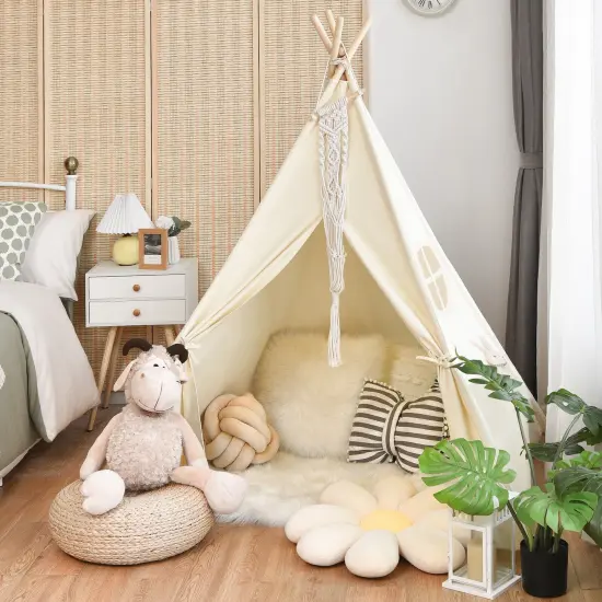 Beige Fold able Kids Canvas Teepee Play Tent with Wooden Support {6}