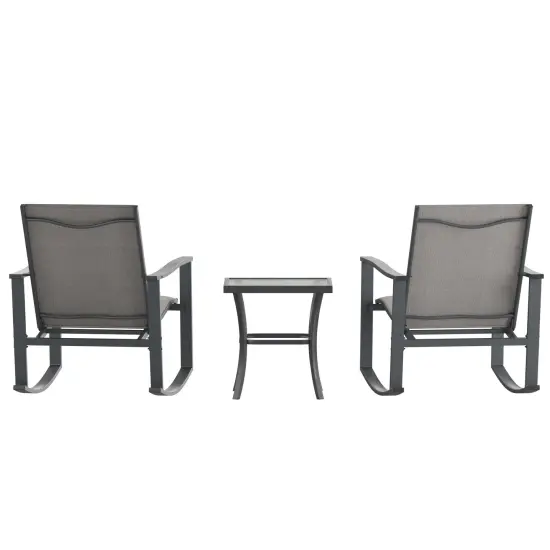 Merrick Lane Brevyn 3 Piece Outdoor Bistro Set with Flex Comfort Rocking Chairs and Steel Framed Glass Top Table Gray {4}