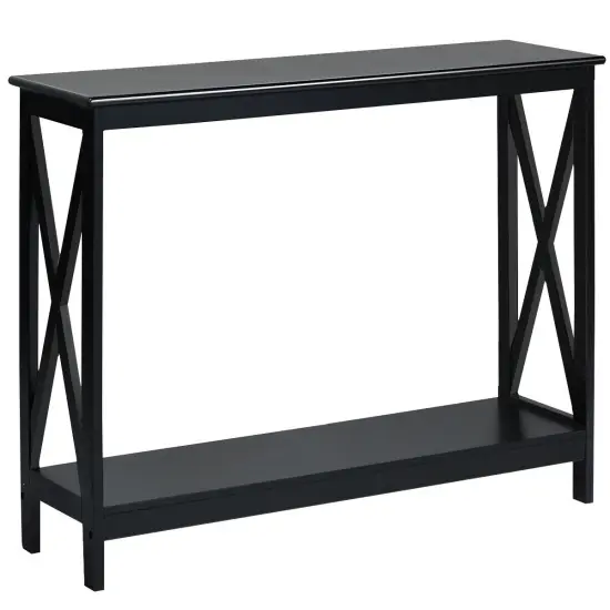 2-Tier Console X-Design Sofa Side Accent Table with Spacious Storage Space Black {1}