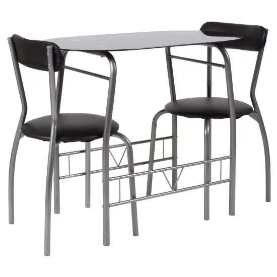 Emma and Oliver 3 Piece Space-Saver Glass Bistro Set with Vinyl Padded Chairs Black {1}