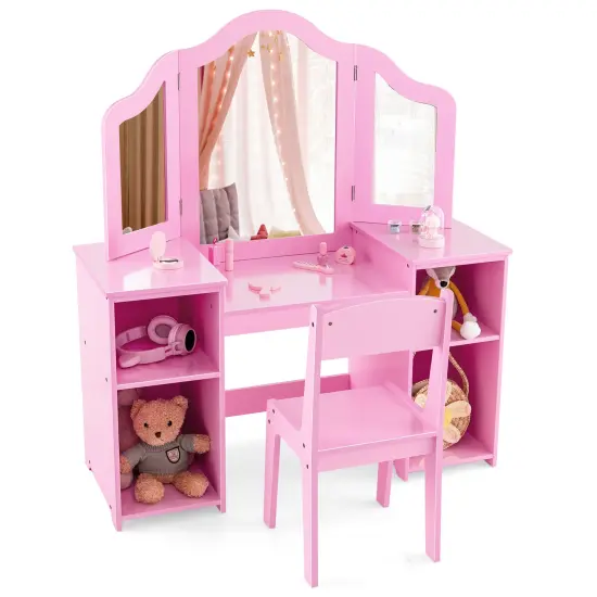 Kids Vanity Table and Chair Set with Removable Tri-Folding Mirror Pink {4}