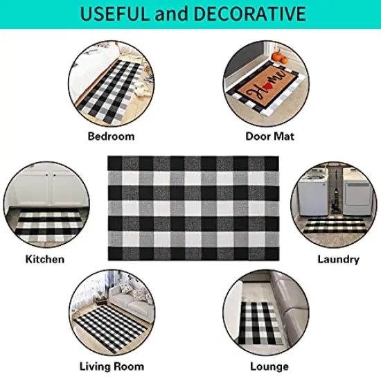 MUBIN Cotton Buffalo Plaid Rug 27.5 x 43 Inches Black and White Check Rugs Hand-Woven Indoor or Outdoor Rugs for Layered Door Mats Washable Carpet for Front Porch, Kitchen, Farmhouse, Entryway {6}