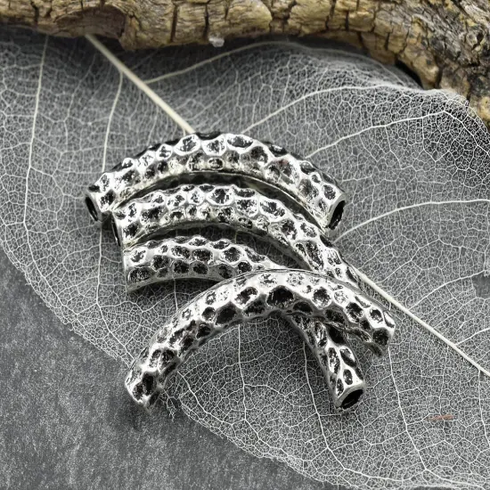 *6* 42x6mm Antique Silver Hammered Curved Beads {1}