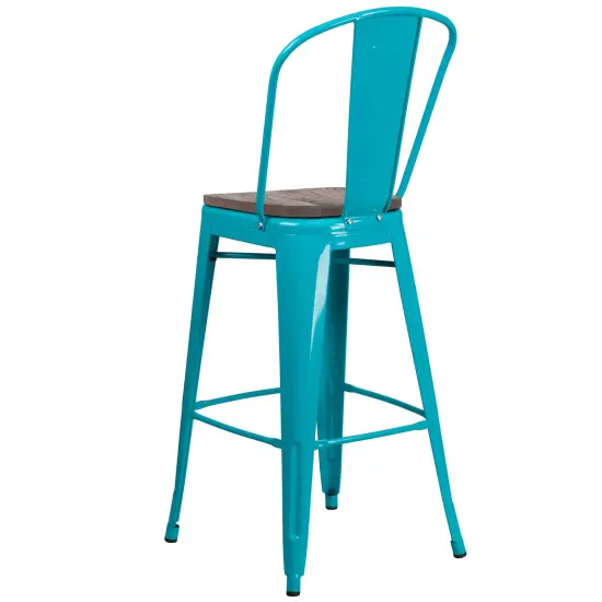 Merrick Lane Sarah 30" Metal Indoor-Outdoor Counter Stool with Vertical Slat Back, Integrated Footrest and Wood Seat Crystal Teal-Blue {3}