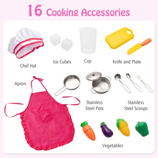 Pretend Play Kitchen for Kids with 16 Pieces Accessories-Pink {6}