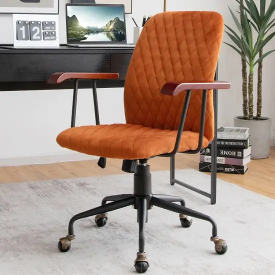 Velvet Home Office Chair with Wooden Armrest Orange {6}
