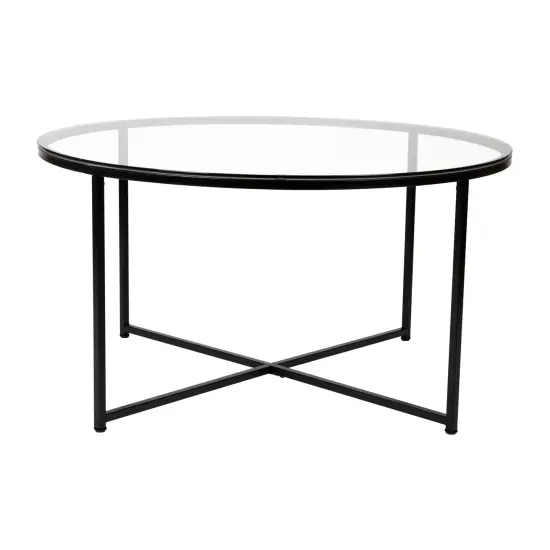 Merrick Lane Fairdale Coffee Table with Round Cross Brace Frame Clear/Matte Black {1}