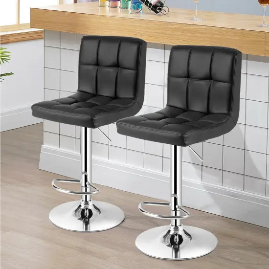 Set of 2 Square Swivel Adjustable PU Leather Bar Stools with Back and Footrest Black {2}