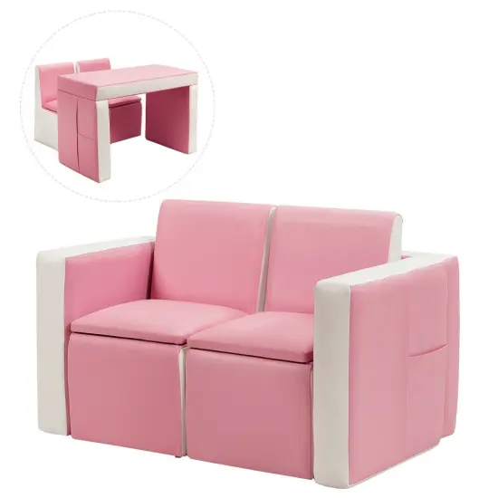 2 in 1 Multi-Functional Kids Sofa Table Chair Set with PVC Surface and Storage Box Under The Seat Pink {3}