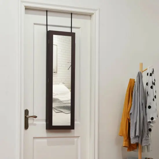 Full Length Mirror Jewelry Cabinet with Ring Slots and Necklace Hooks Coffee {6}