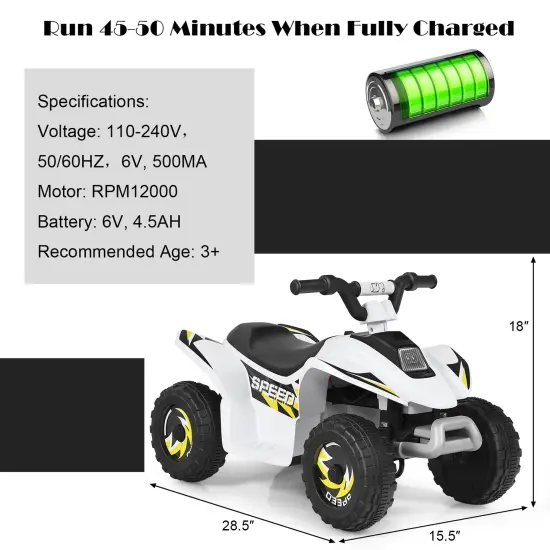 6V Kids Electric 4 Wheels Ride-On Toy with Wear-Resistant Wheels for Indoor Outdoor Use White {4}