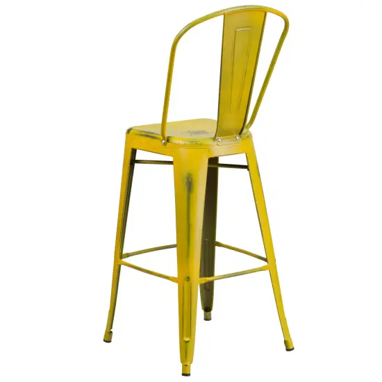 Emma and Oliver Commercial Grade 4 Pack 30" High Distressed Metal Indoor-Outdoor Barstool with Back Yellow {4}