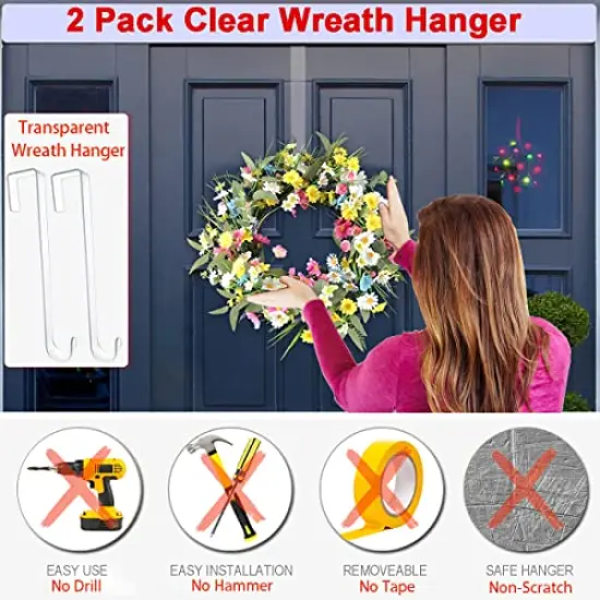 Wreath Hanger,12&rdquo; Clear Wreath Hooks for Front Door,2 Pack Over the Door Easter Christmas Decoration Hangers Fall Halloween Wreaths holder,Non Scratch Wreath Hangers for Front Door D&eacute;cor Welcome Sign {3}