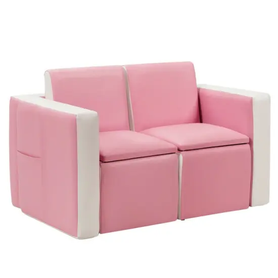 2 in 1 Multi-Functional Kids Sofa Table Chair Set with PVC Surface and Storage Box Under The Seat Pink {7}