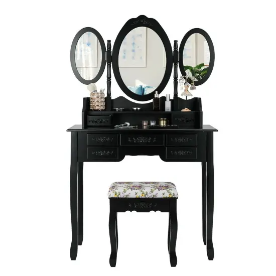 7 Drawer Tri-Folding Mirror Dressing Vanity Makeup Set {1}