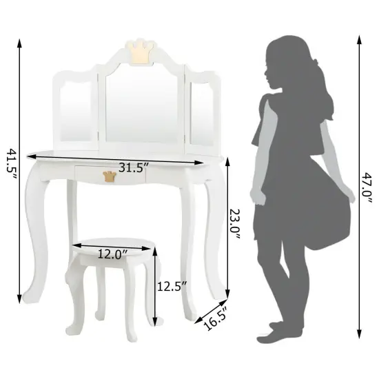 Kids Makeup Dressing Table with Tri-folding Mirror and Stool White {4}