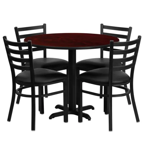 Emma and Oliver 36" Round Laminate X-Base Table Set with 4 Ladder Back Chairs MahoganyTop/BlackVYL {1}