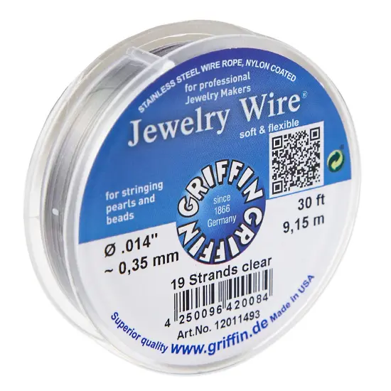 Griffin Jewelry Wire .014" Clear 19 Strand (30ft) Stainless Steel Wire Rope, Nylon Coated {1}