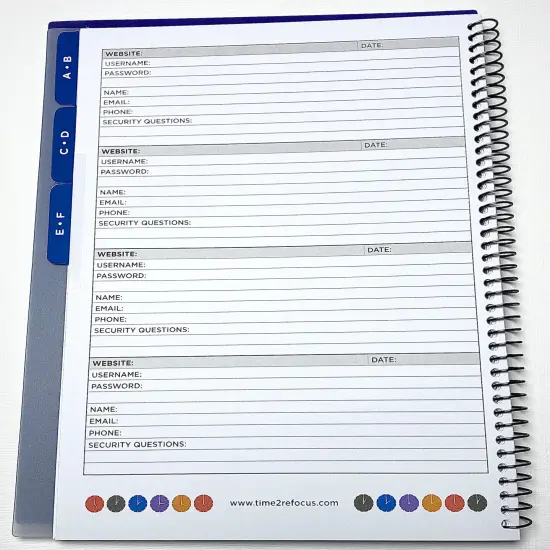 RE-FOCUS THE CREATIVE OFFICE, Left-Handed Password Keeper Book, Spiral Bound with Alphabetical Tabs, Blue {3}