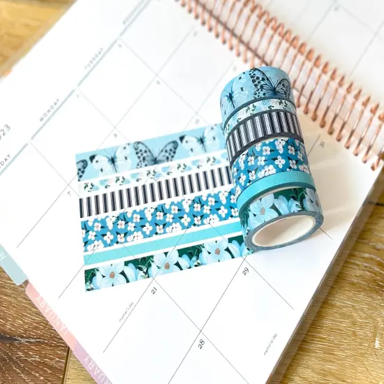 Light Blue Butterflies Navy Stripes Flowers Spring Washi Tape Set (#W082) {4}