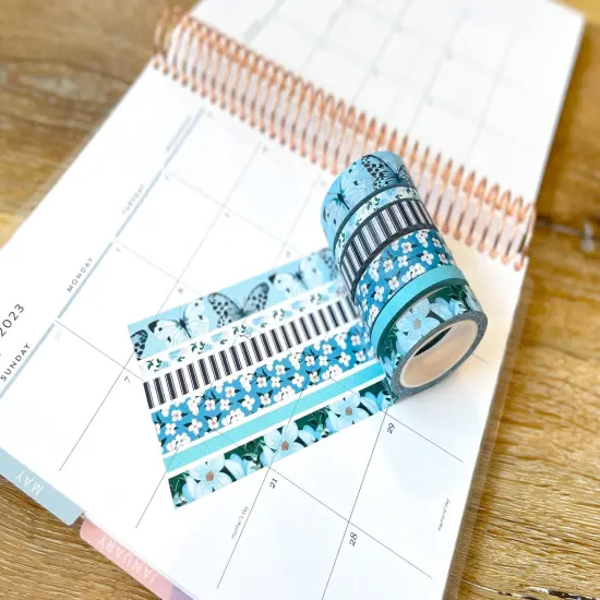 Light Blue Butterflies Navy Stripes Flowers Spring Washi Tape Set (#W082) {6}