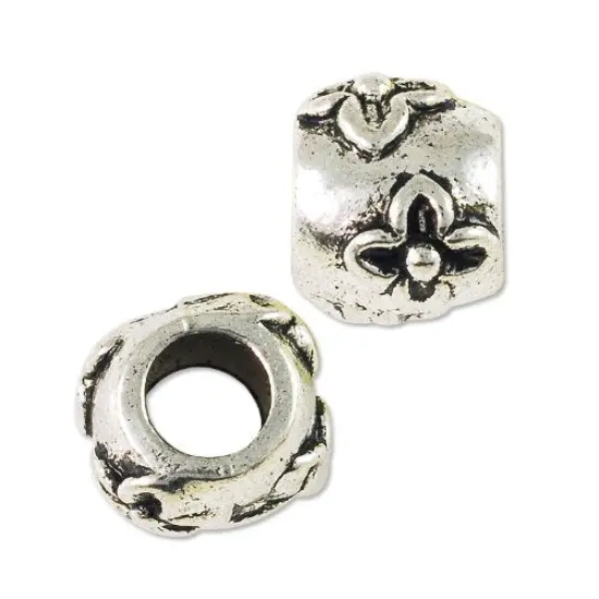 JewelrySupply Large Hole Metal Bead with Flowers 9x8mm Pewter Antique Silver Plated (Package of 1 Bead) {1}