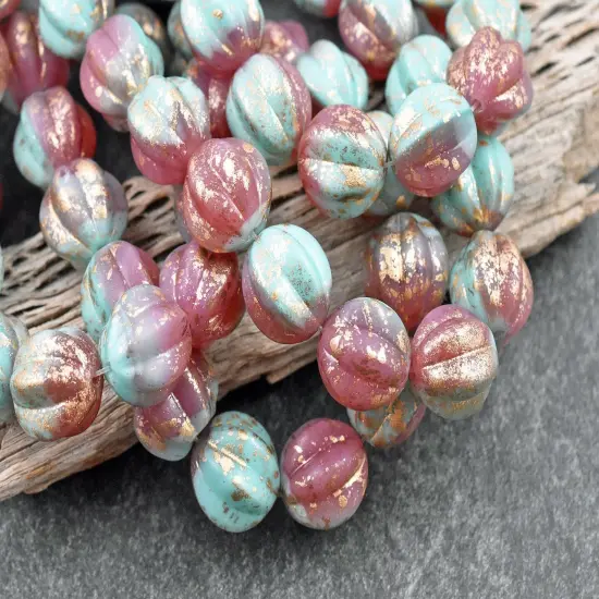 *15* 12mm Gold Washed Rose Pink & Turquoise Round Melon Beads {3}