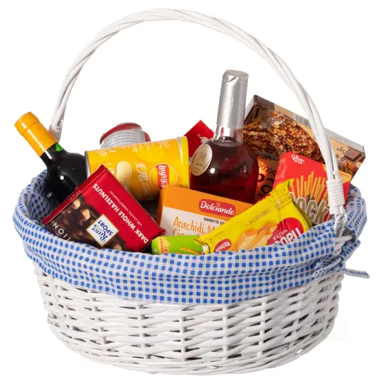 Traditional White Round Willow Gift Basket with Gingham Liner and Sturdy Foldable Handles, Food Snacks Storage Basket {3}