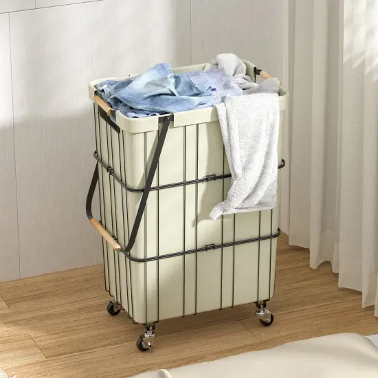 Oceanstar Mobile Rolling Storage Laundry Basket Cart with Handle White {4}
