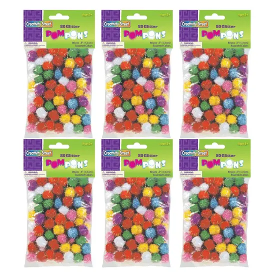 Glitter Pom Pons, Assorted Colors, 1/2", 80 Per Pack, 6 Packs {1}