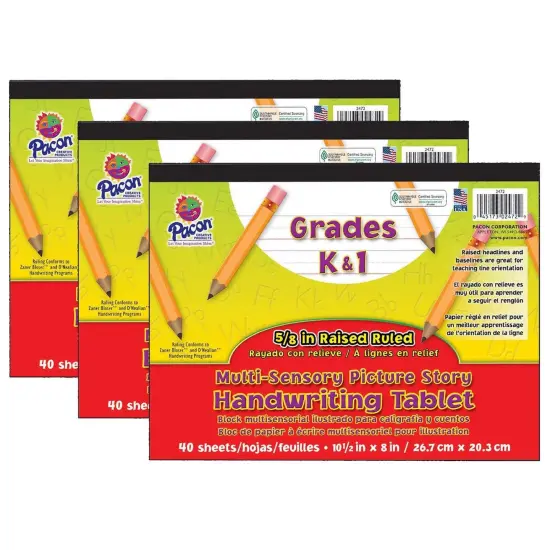 Multi-Sensory Raised Ruled Tablet, Tape Bound, 5/8" x 5/16" x 5/16" Picture Story Ruled Long, 10-1/2" x 8", 40 Sheets, Pack of 3 {1}