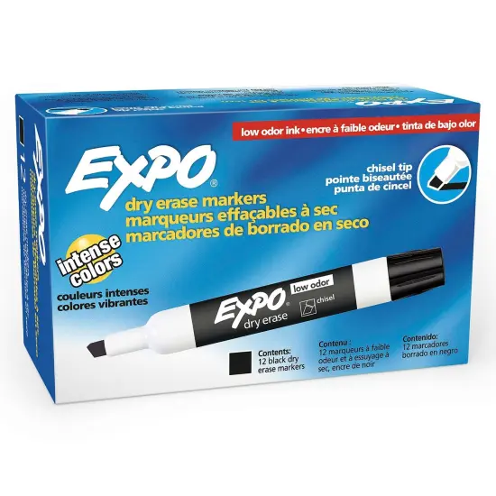 Low-Odor Dry Erase Markers, Chisel Tip, Black, Box of 12 {1}