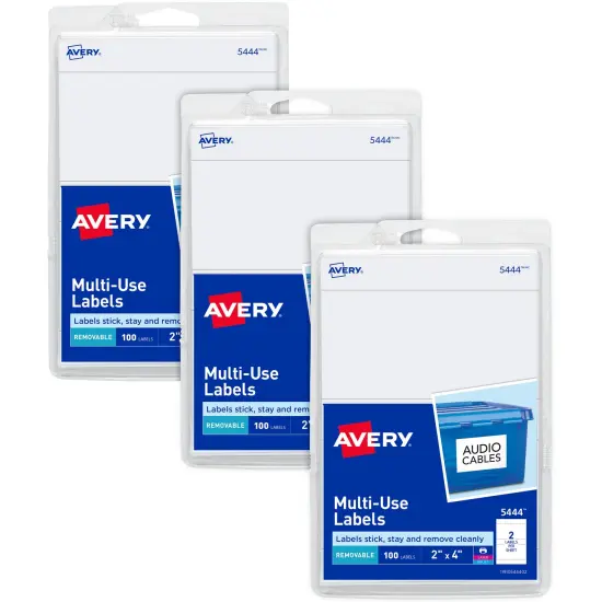 Avery Printable All-Purpose Removable Labels, 2" x 4", White Labels, 3 Packs, 300 Customizable Blank Labels Total (22283) {1}