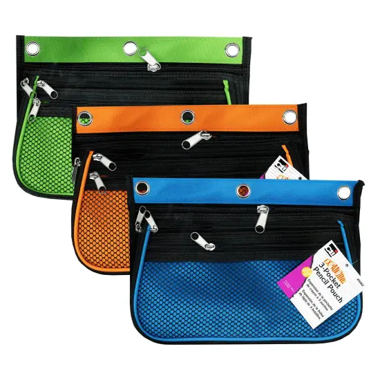 3 Pocket Pencil Pouch, Expanding to 2.25", 10.25"W x 7.25"H x 2.5"D - Assorted Colors, Pack of 3 {1}