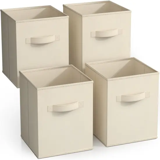 Sorbus 11 Inch 4 Pack Foldable Fabric Storage Cube Bins with Handles - for Organizing Pantry, Closet, Nursery, Playroom, and More Beige {1}