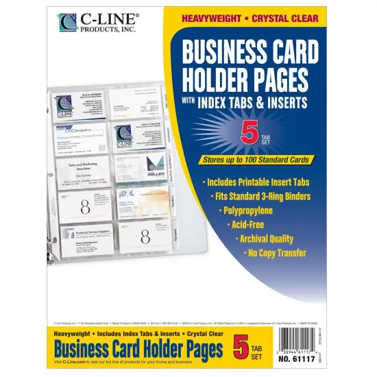 Business Card Holder, Poly with Tabs, Holds 20 Cards/Page, 11" x 8-1/2", 5 Per Pack, 5 Packs {3}
