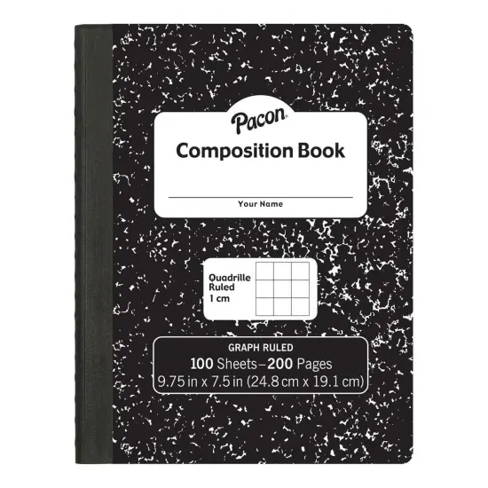 Composition Book, Black Marble, 1 cm Quadrille Ruled 9-3/4" x 7-1/2", 100 Sheets, Pack of 6 {2}