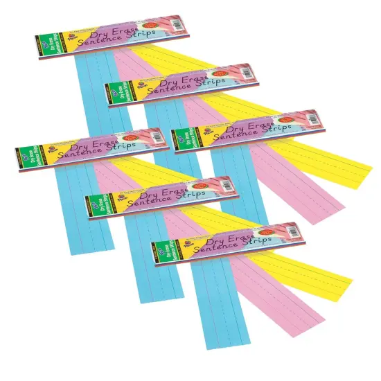 Dry Erase Sentence Strips, 3 Assorted Colors, 1-1/2" X 3/4" Ruled, 3" x 12", 30 Per Pack, 6 Packs {1}
