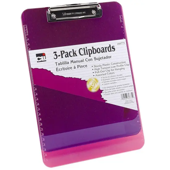 Plastic Clipboard w/Low Profile Clip, Letter, Assorted Translucent Neon Colors, Pack of 3 {2}