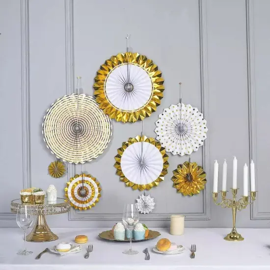 8 WHITE and GOLD Assorted Paper Fans Wall Backdrop {4}
