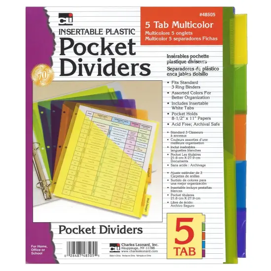 Index Dividers with Pockets, 5-Tab, Assorted Colors, 5/Pack, 6 Packs {2}