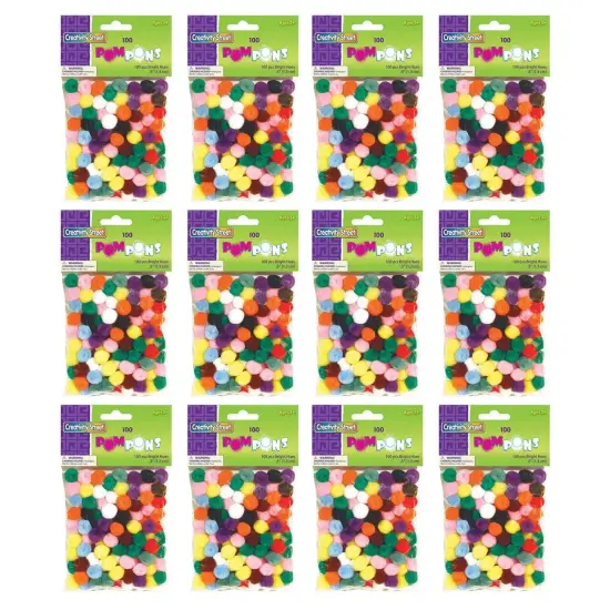 Pom Pons, Bright Hues Assortment, 0.5", 100 Pieces Per Pack, 12 Packs {1}