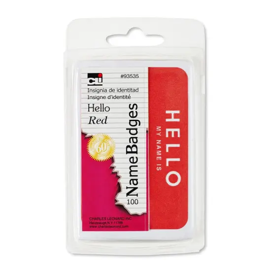 Self-Adhesive Name Badges, Hello, Red, 100 Per Pack, 12 Packs {2}