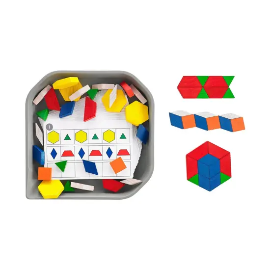 FunPlay Pattern Blocks - Set of 60 Wooden Math Manipulatives + 50 Activities + Messy Tray {6}