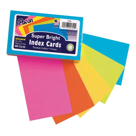 Index Cards, 5 Super Bright Assorted Colors, Unruled, 3" x 5", 100 Cards Per Pack, 6 Packs {2}