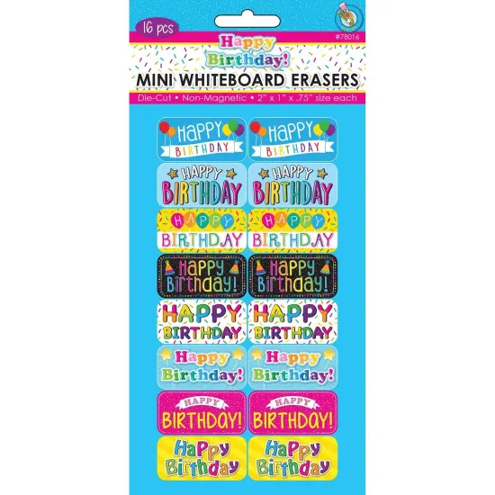 Non-Magnetic Mini Whiteboard Erasers, Happy Birthday, Pack of 16 {1}