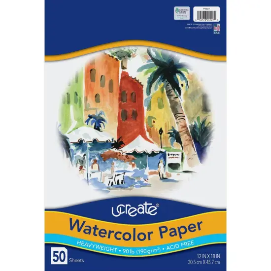 Watercolor Paper, White, 90lb., 12" x 18", 50 Sheets {1}
