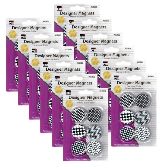 Designer Button Style Magnets, Super Strong - Assorted Black & White Designs, 6 Per Pack, 12 Packs {1}